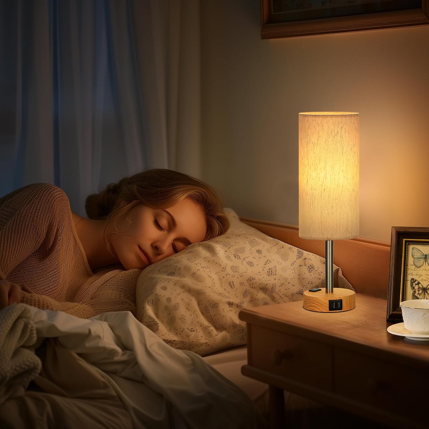 Bedside Table Lamp for Bedroom - 3 Way Dimmable Touch Lamp USB C Charging Ports and AC Outlet, Small Lamp Wood Base Round Flaxen Fabric Shade for Living Room, Desk, LED Bulb Included