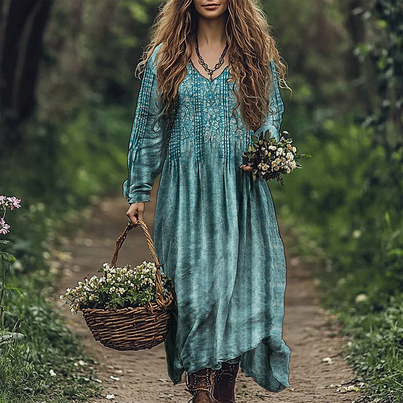 Vintage Turquoise Floral Pintucked Flowy Linen Blend Maxi Dress