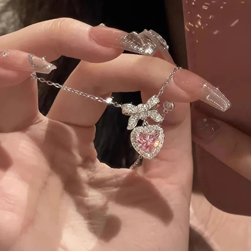 Pink Crystal Heart Bow Necklace