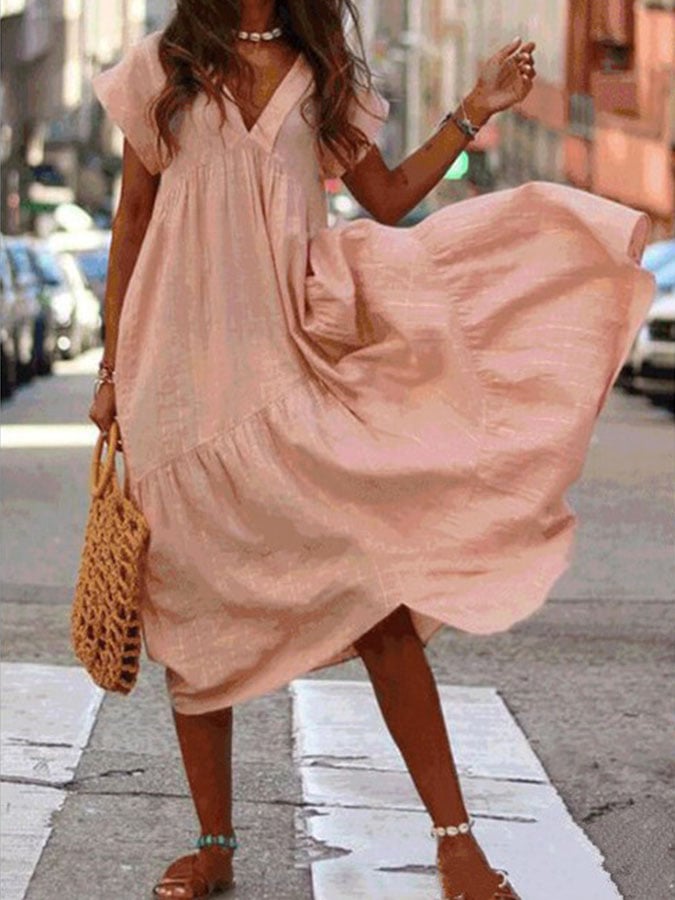 Solid Color V-Neck Short Sleeve Dress