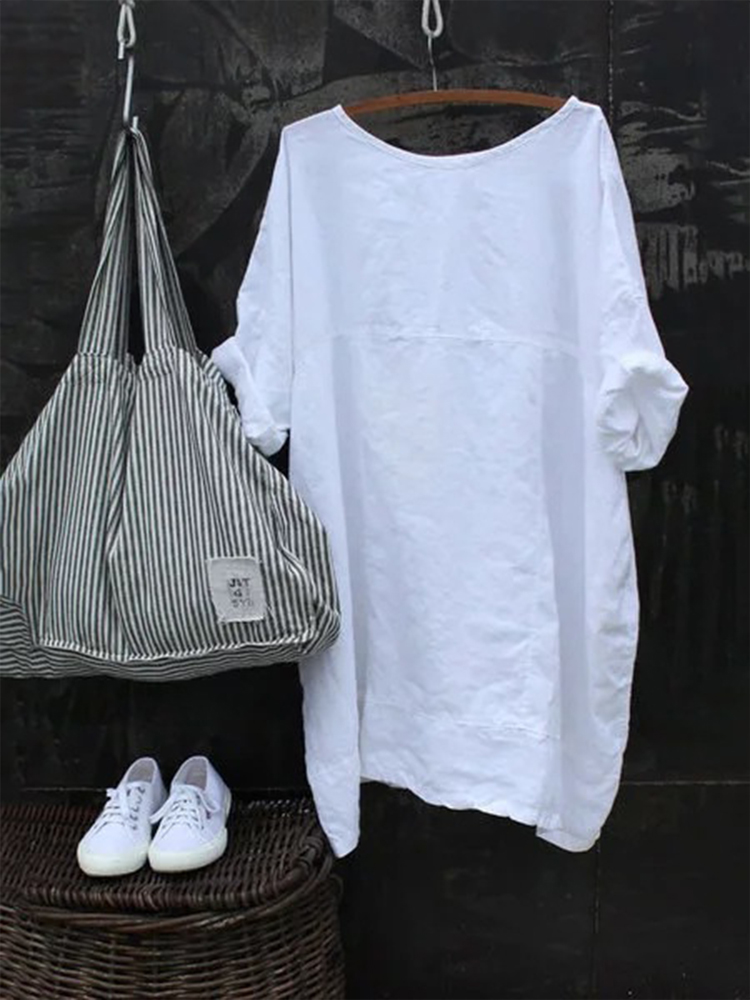 Casual Cotton Linen Round Neck Solid Stitching T-shirt