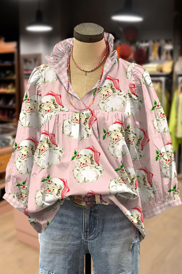 Christmas Santa Print Ruffle V-Neck Blouse