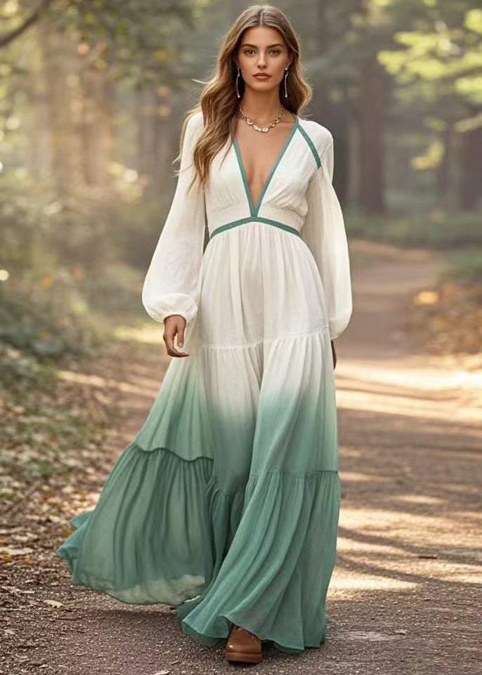 Boutique Gradient Color V Neck Exra Large Hem Cotton Dress Spring
