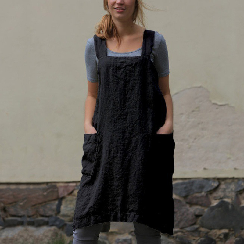 Retro solid color side pocket cotton apron dress