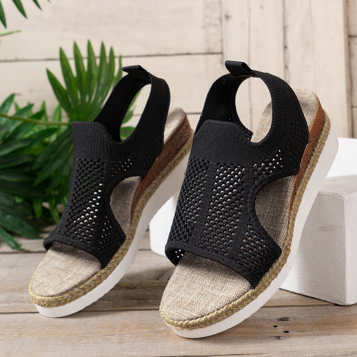 New Hollow Wedges Sandals: Summer Peep-Toe Fly Woven Mesh Shoes for Women