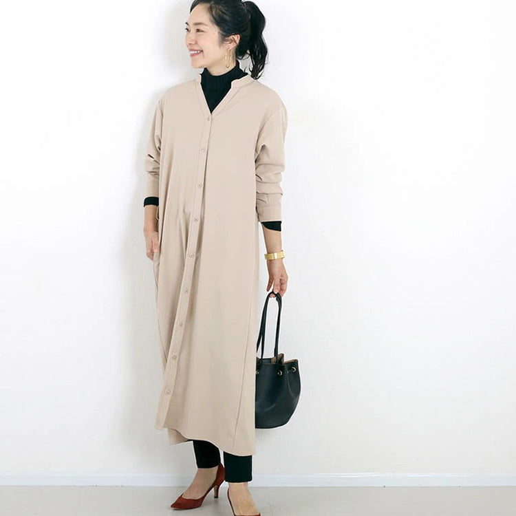 Autumn Winter Shirt Base Dress Women Solid Color Loose Casual V neck Maxi Dress