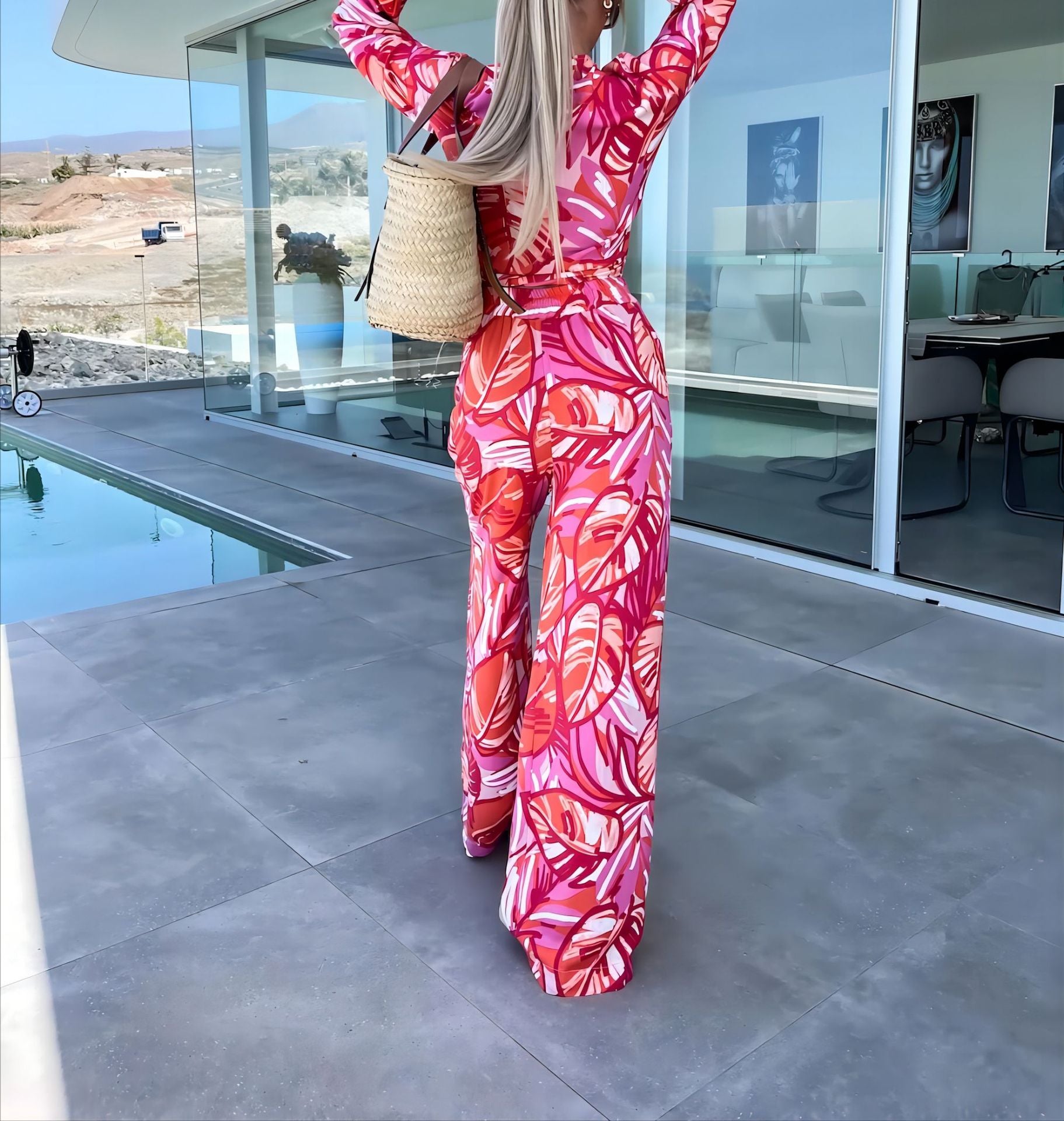 Long Sleeve Women's Suit with Strap Printing and Pocket