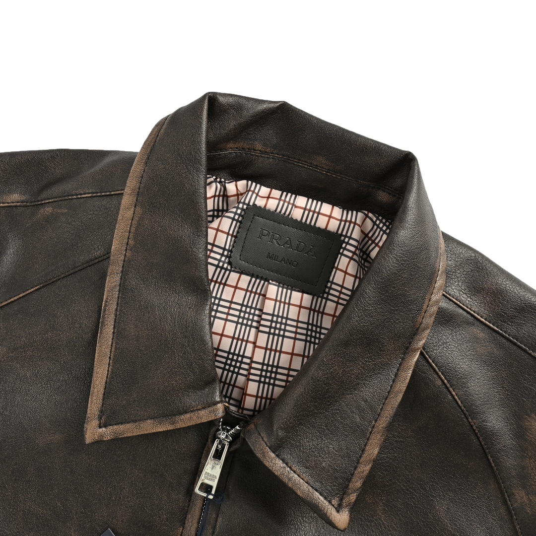 Prada 24Fw distressed leather jacket with triangle logo on back