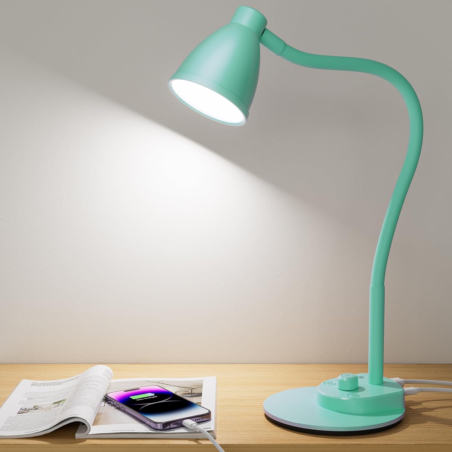 BOHON LED Desk Lamp with USB Charging Port 3 Color Modes Dimmable Reading Light Intelligent Induction Auto Dimming Task Lamp Flexible Gooseneck Table Lamp for Bedside Office, AC Adapter Include