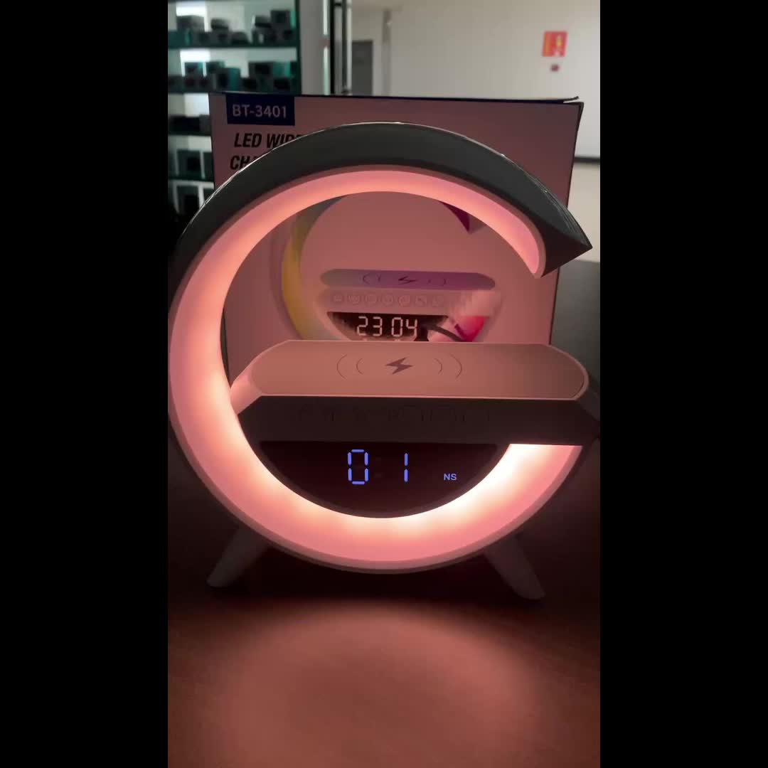 Coolest Alarm Clock Ever: Big G  Wireless Speaker 6 Kinds Of Light Mode Wireless Charging Function Compatible With IOS / Android System Black And White Clock With Timing, White Noise & More!
