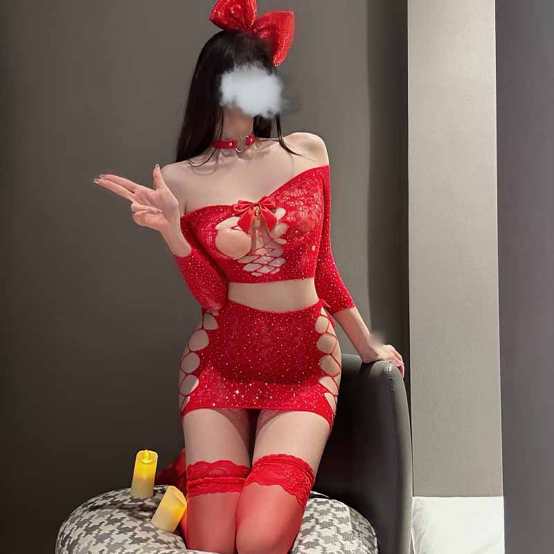 Hollow Out Rhinestone Decor Sexy Lingerie Set