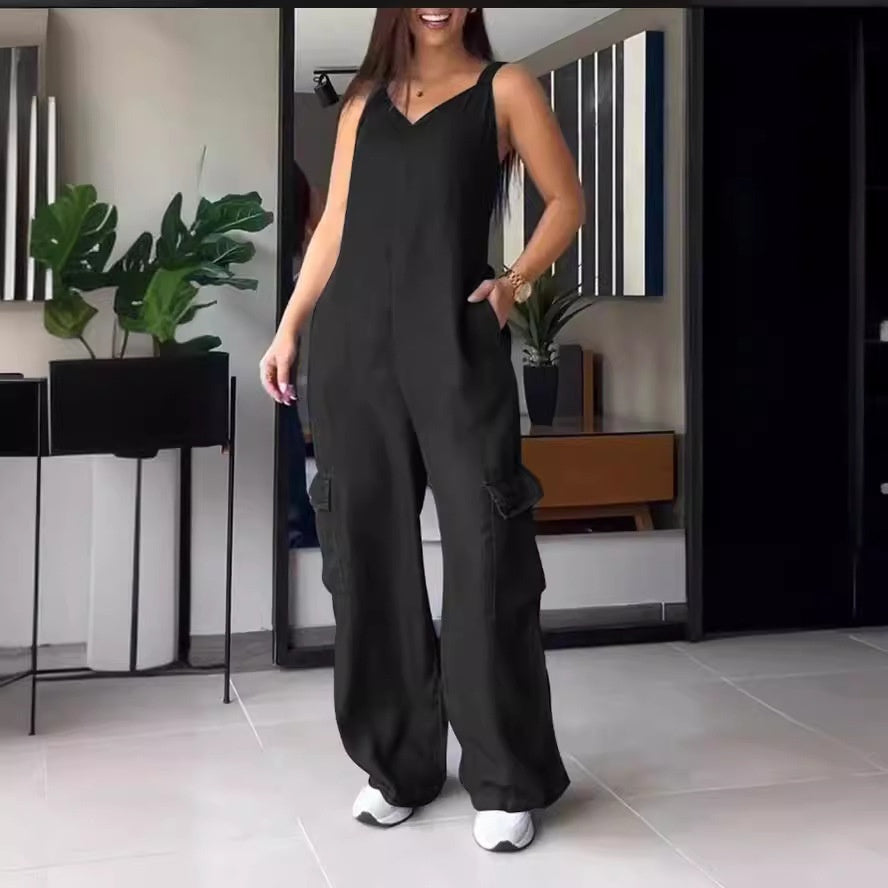 European and American Style V-Neck Jumpsuit with Thin Jeans Fabric and Pockets
