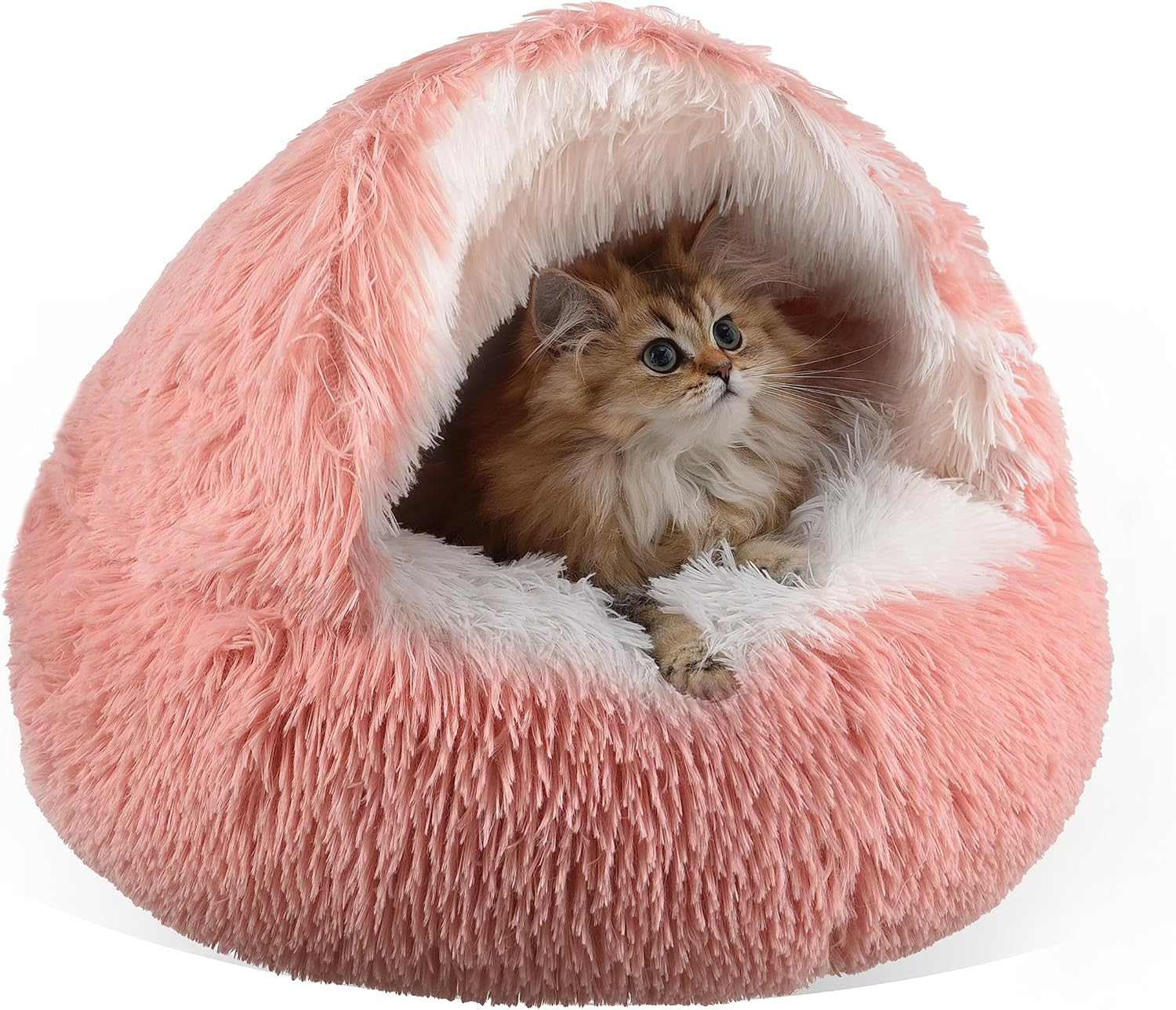 Cat Bed Round Plush Fluffy Hooded Calming Cat Bed Cave for Dogs&Cats