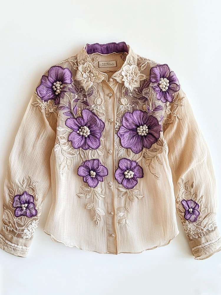 Women Said Purple Floral Embroidered Linen Blend Shirt