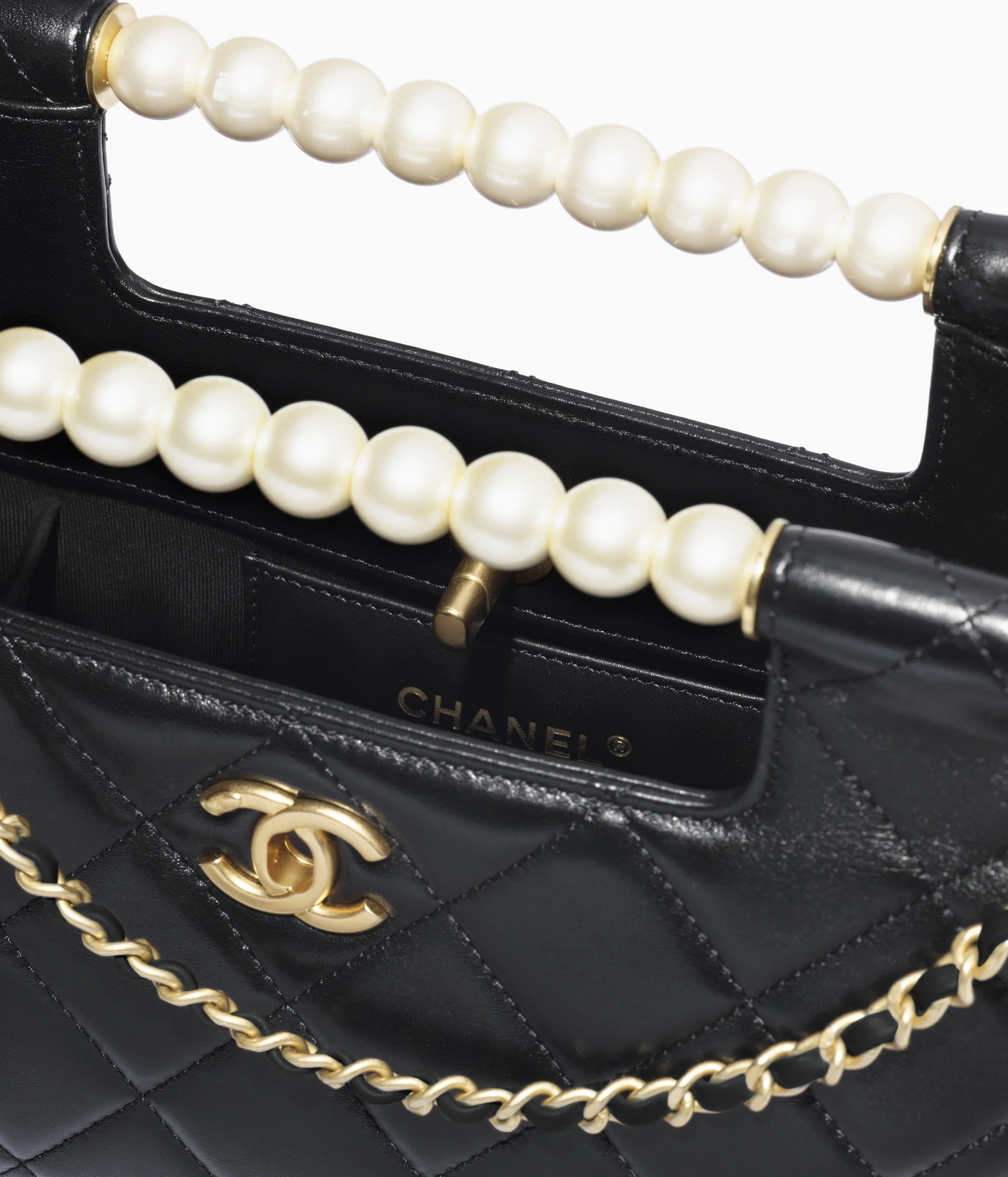 Chanel Small Shopping Bag Shiny Lambskin, Imitation Pearls & Gold-Tone Metal Black AS5413-B19658-94305