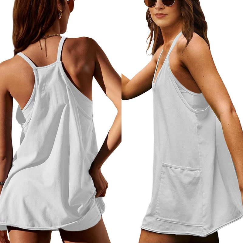 🔥🔥Women's Athletic Sleeveless Mini Dress with Built-in Shorts V Neck Spaghetti Strap Short Tennis Dress with Pockets