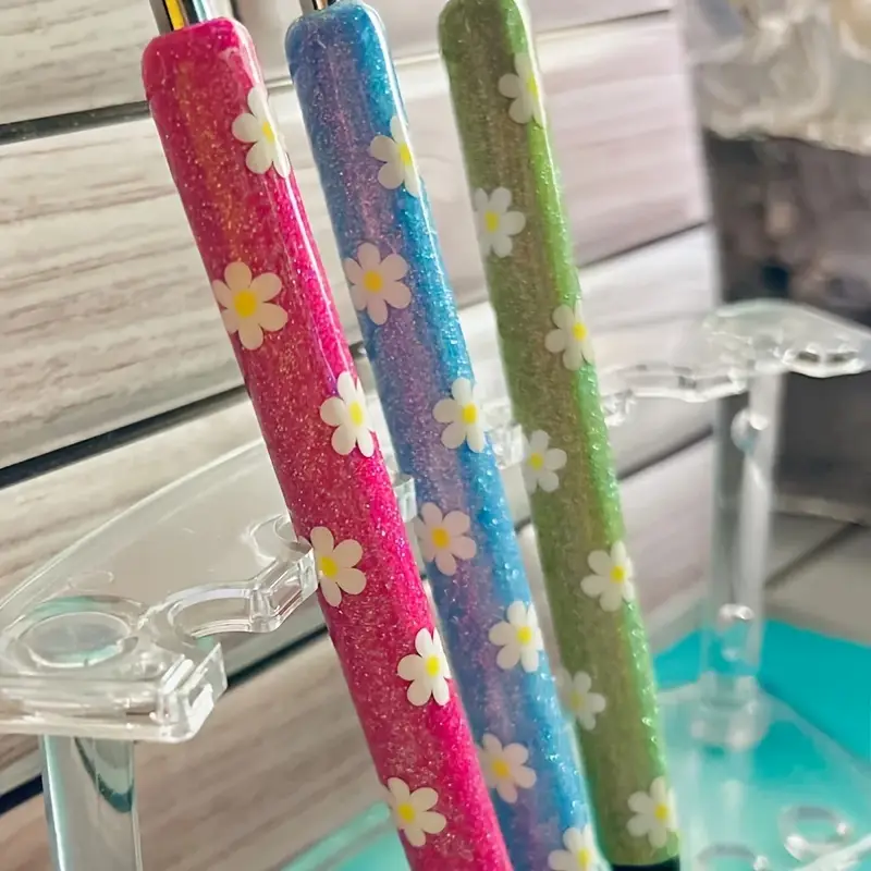 3pcs Vibrant Daisy Glitter Pen Set