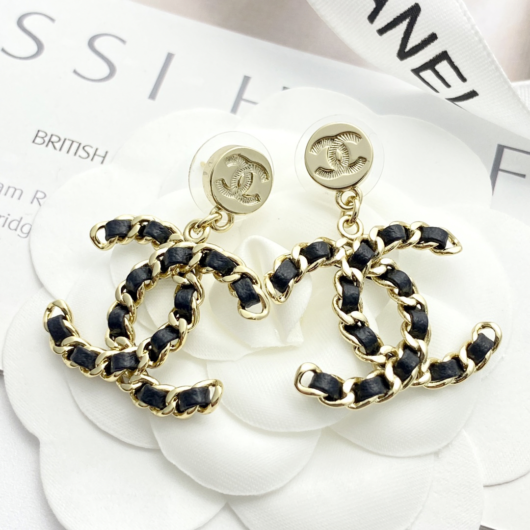 CHAN 24 button pendant leather double c earrings