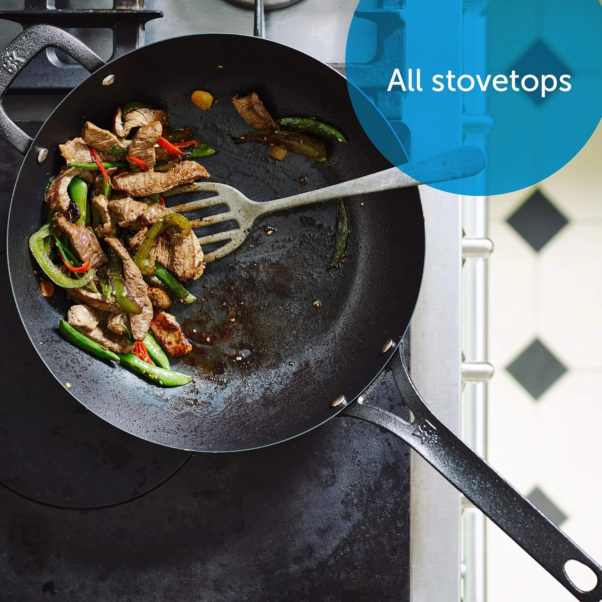 BK Pre-Seasoned Black Steel Carbon Steel Induction Compatible Wok, 12 Inches
