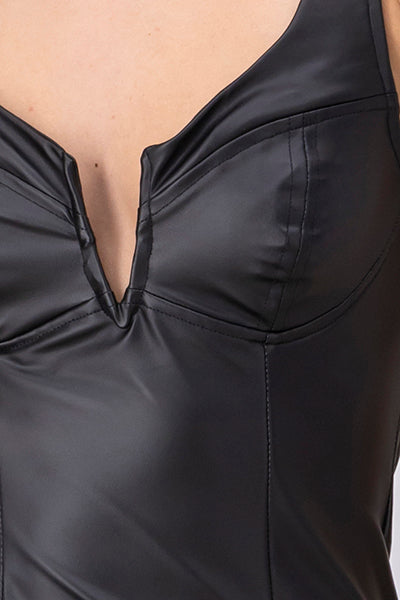 Leather Open Neckline Bodysuit