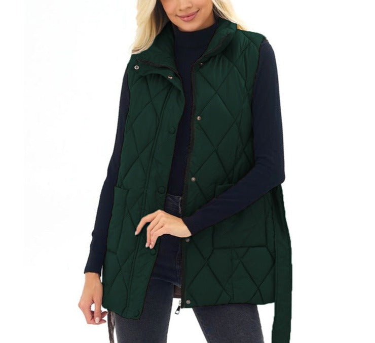 Mid-Length Women's Down Cotton Vest with a Station Collar
