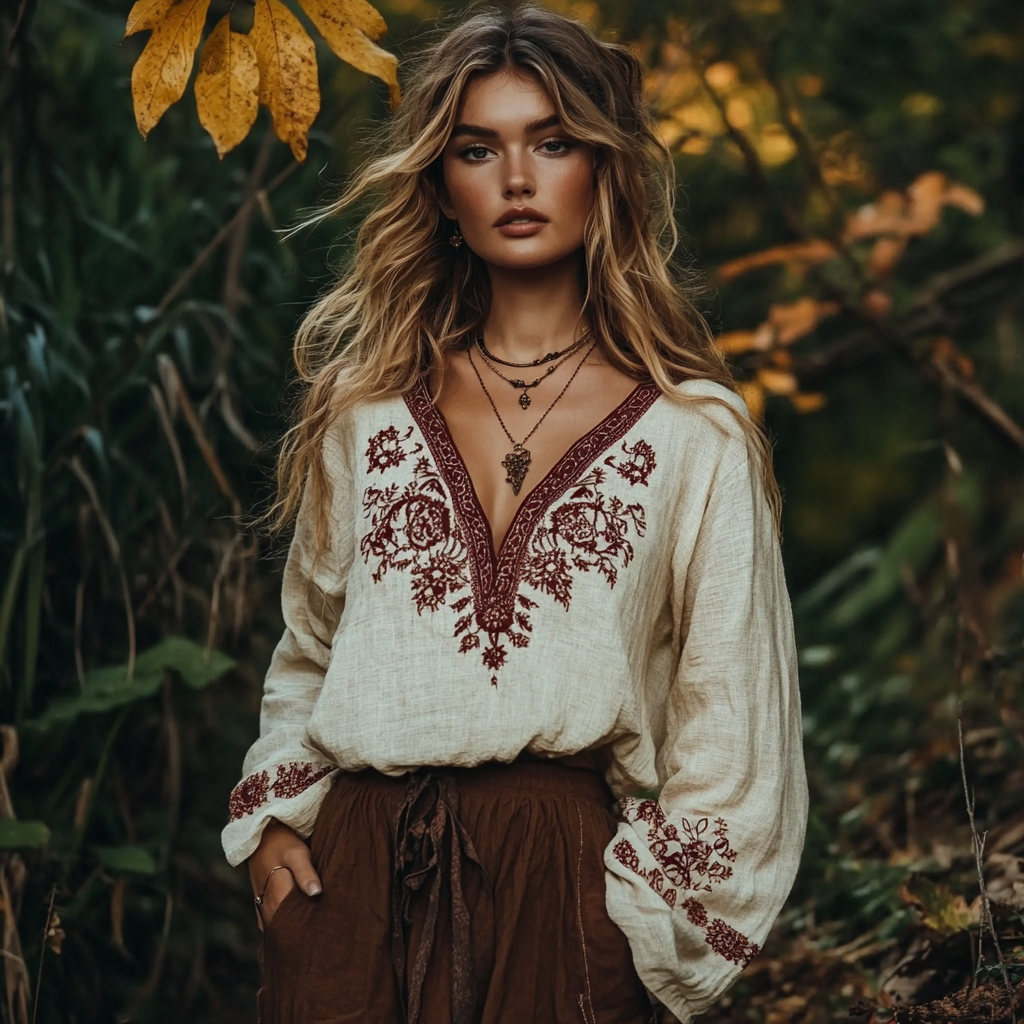 Vintage Floral Embroidery Art Linen V-neck T-shirt