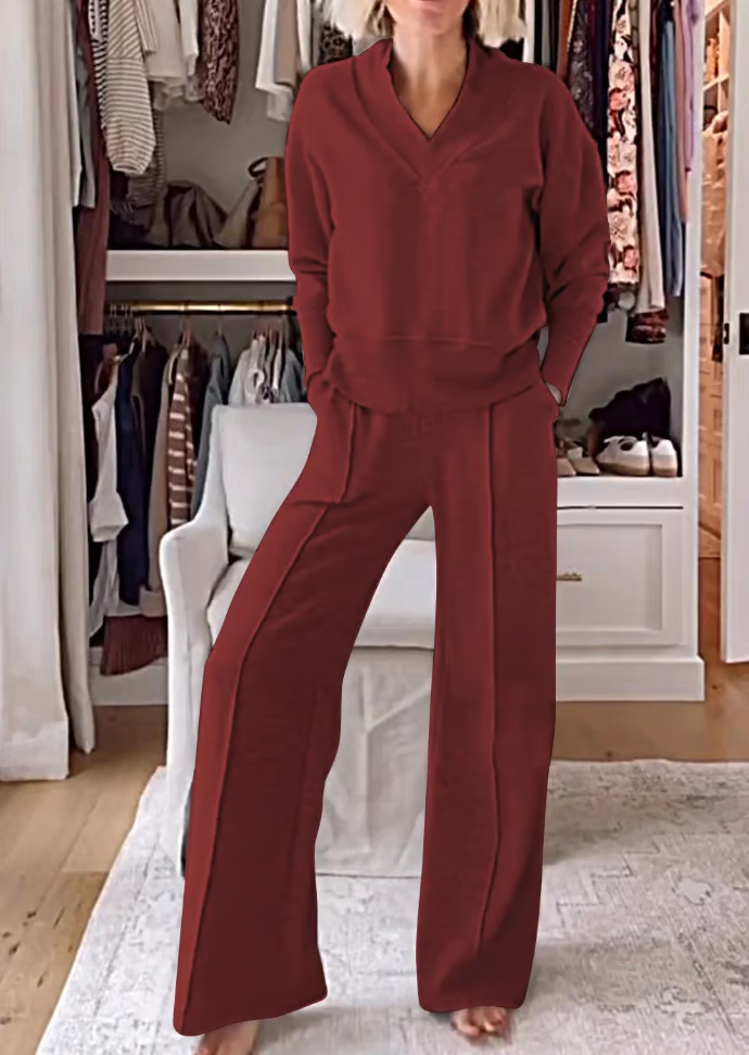 ⏰LAST DAY SAVE 49%💥Women's Solid Color V-neck Top & Pants Two-piece Set