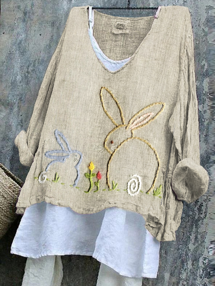 Women's Cute Bunny Embroidered Linen Blend Shirt