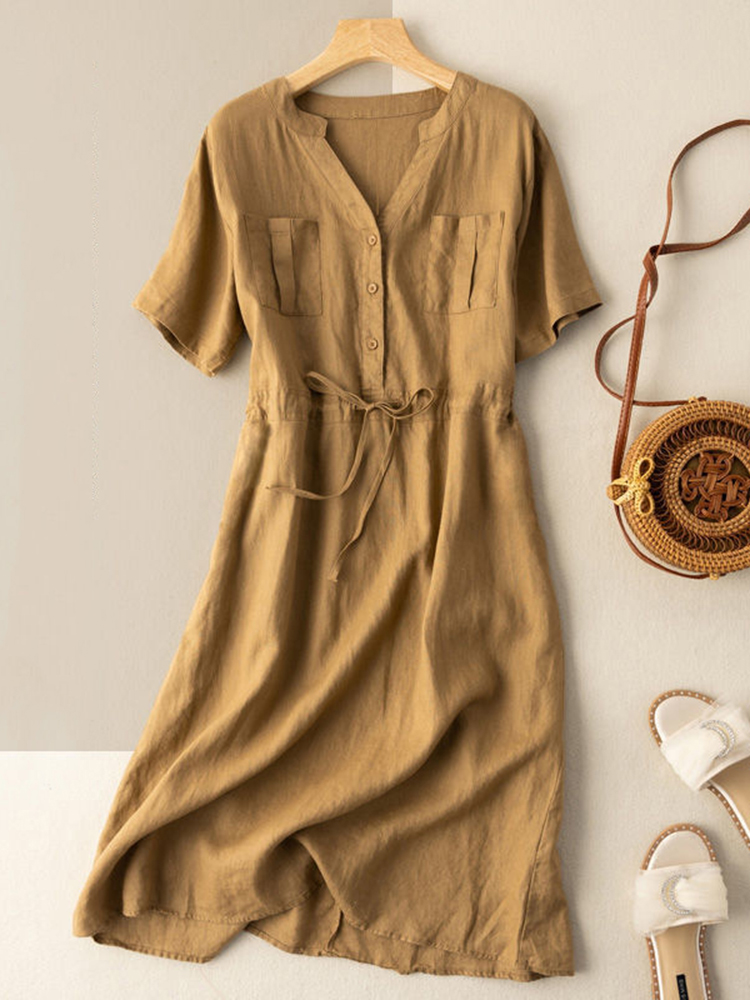 Solid Color Simple V-Neck Short Sleeved Midi Dress