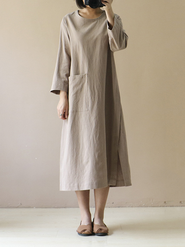 Literary Retro Long-Sleeved Cotton Linen Midi Dress