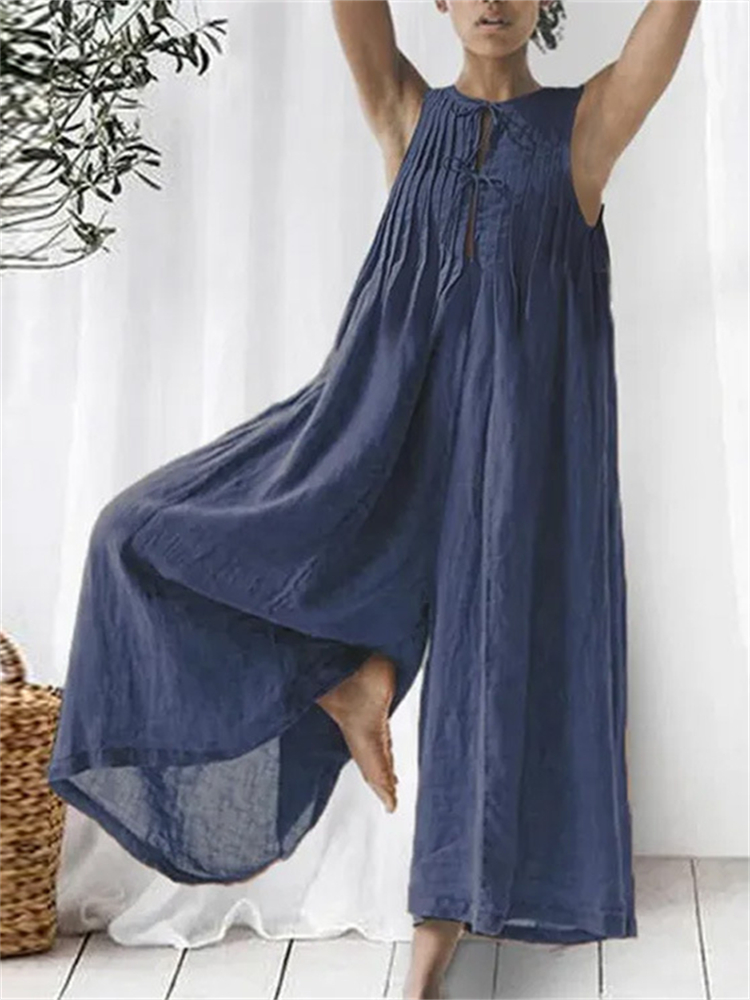 Pleated Laced Front Wide Leg Flowy Jumpsuit