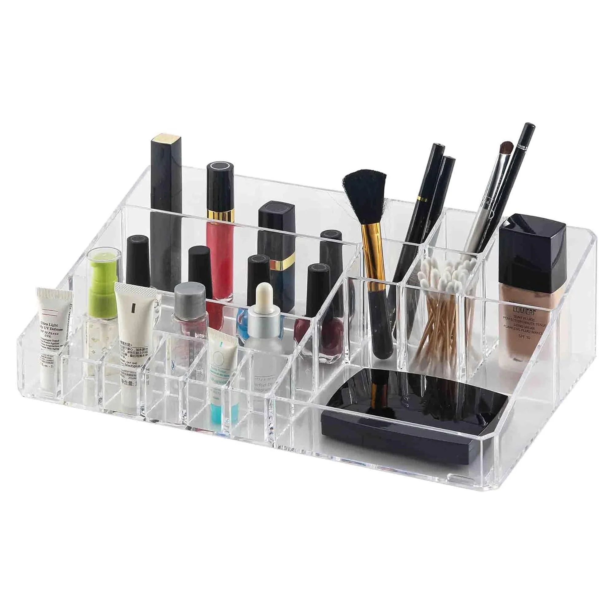 Home Basics Make-Up Tray With Lip Stick Holder, 20 Compartments, Clear, 12.75x3.5x8 Inches