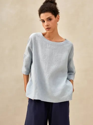 LINEN BOATNECK 3/4 LENGTH SLEEVE TOP
