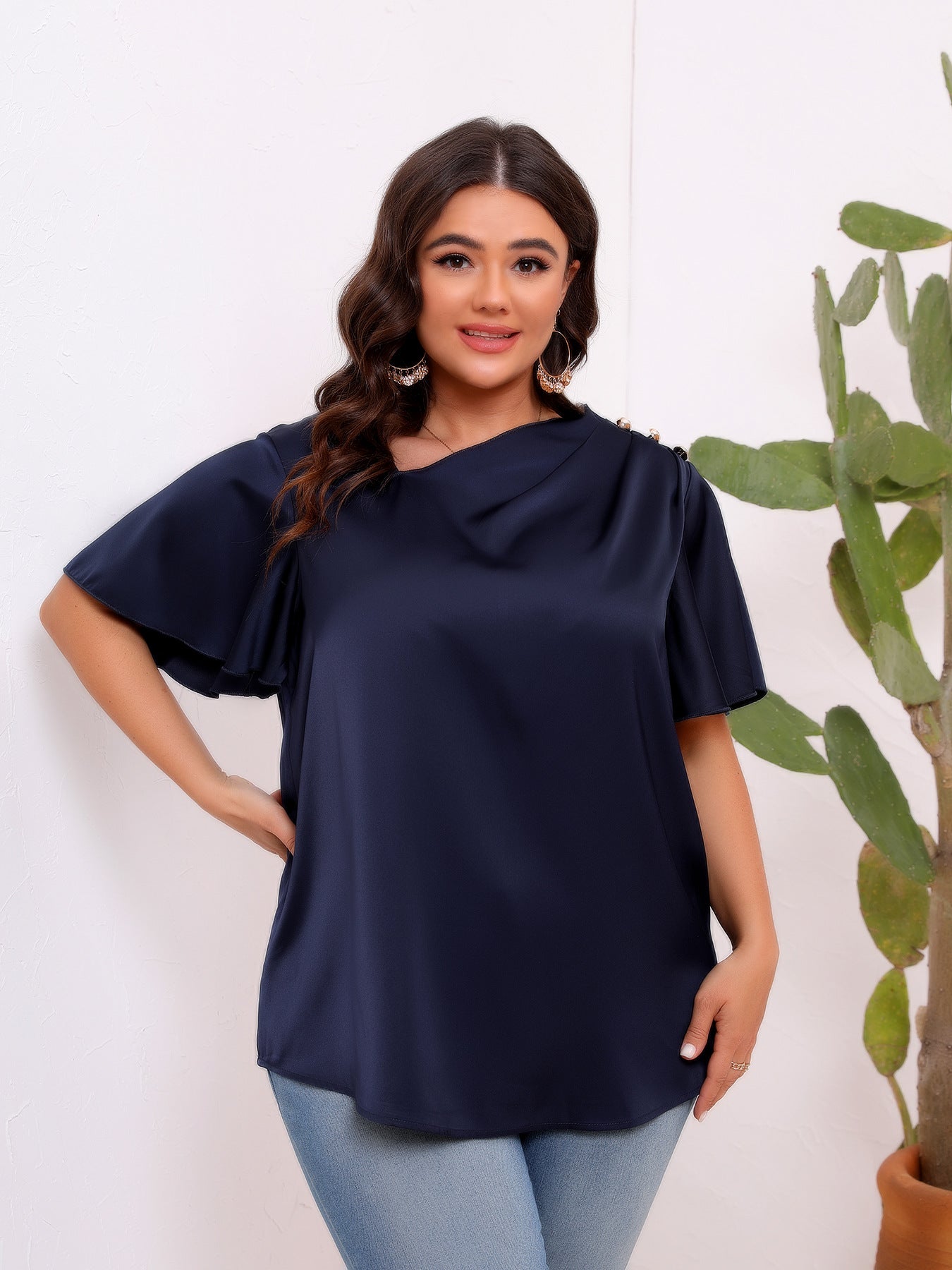 Plus Size Women Clothing Solid Color Satin Artificial Silk Pullover Oblique Shoulder Button Pleated Ruffle Sleeve Office Top Women Shirt
