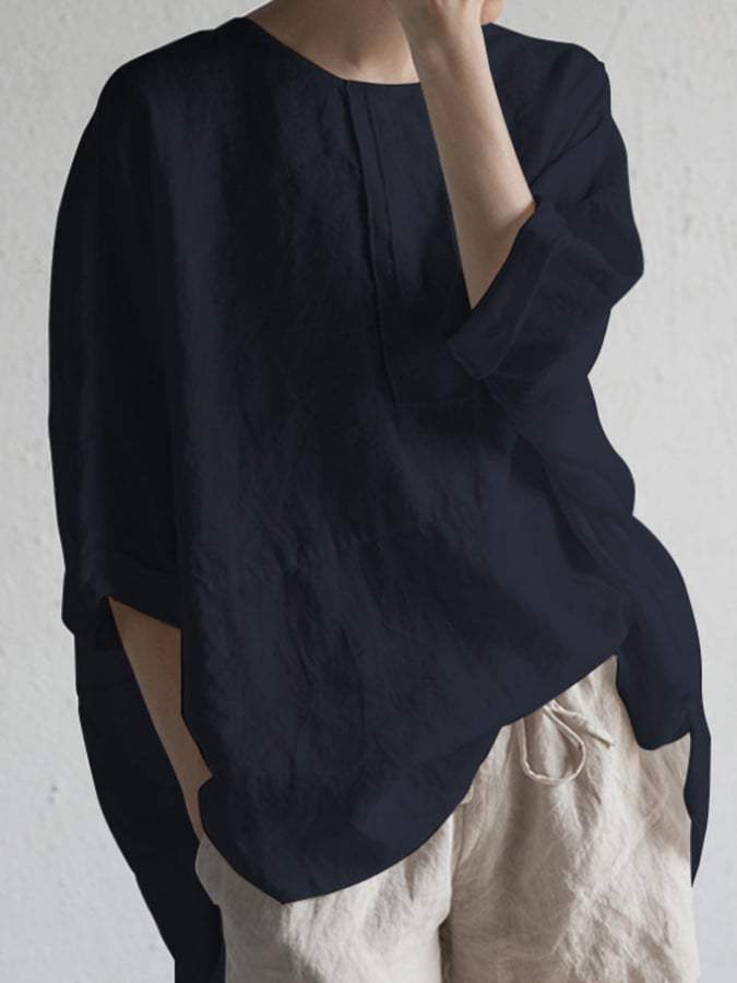Solid Color Round Neck Cotton Linen Casual Shirt