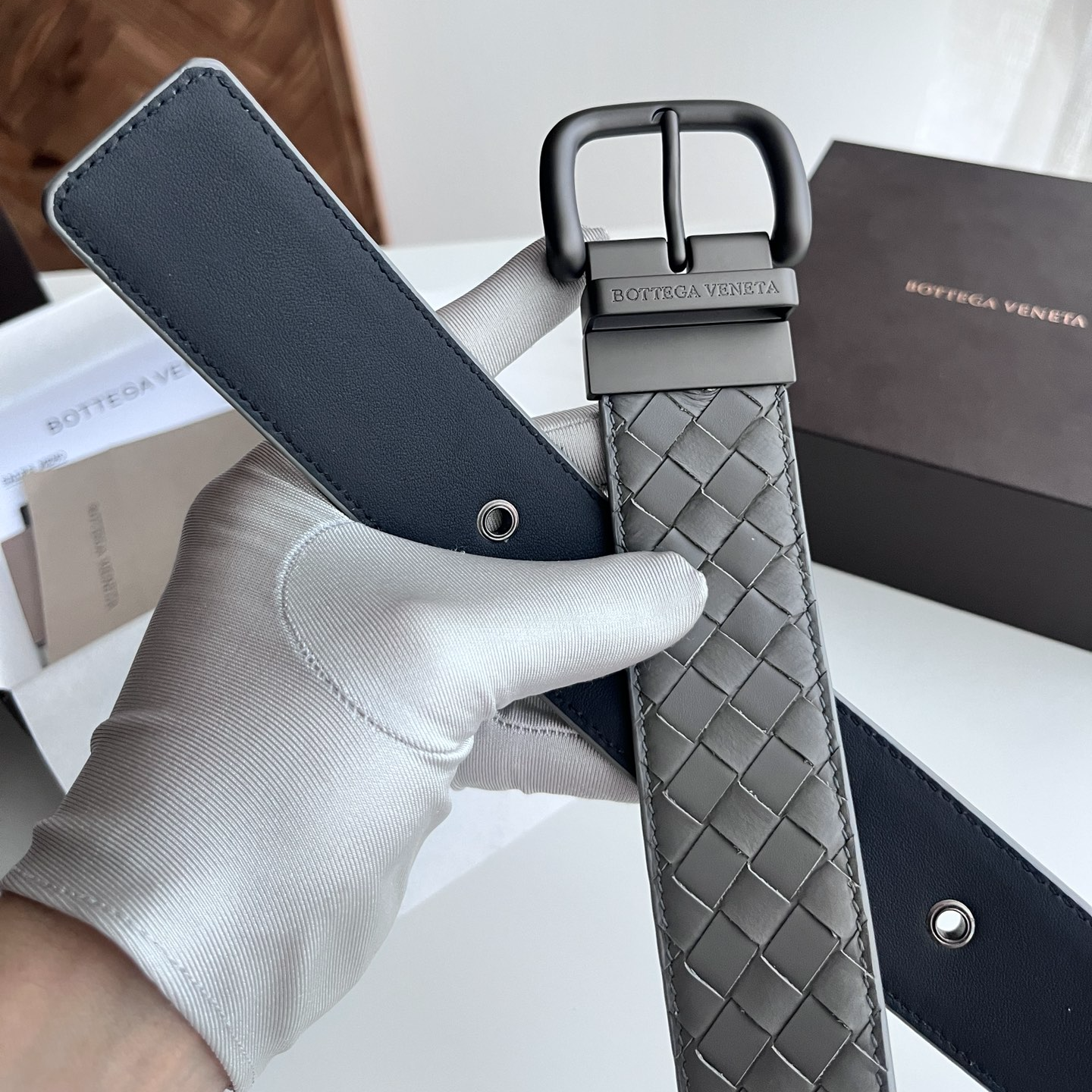 Bottega Veneta intreccio woven cowhide double-sided belt width 4.0cm