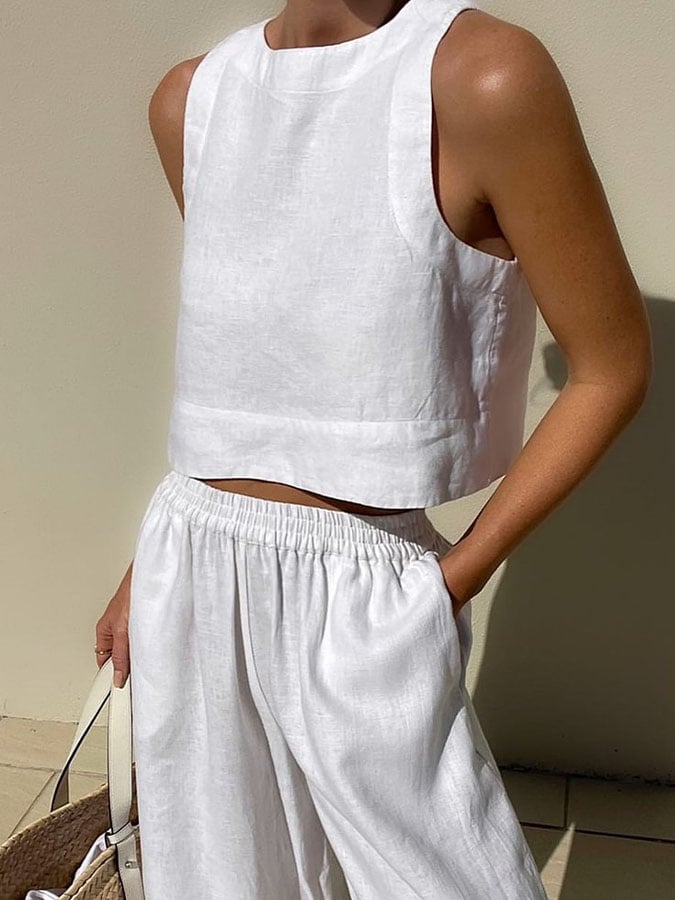 Women'S Casual Solid Color Cotton And Linen Two-Piece Suit