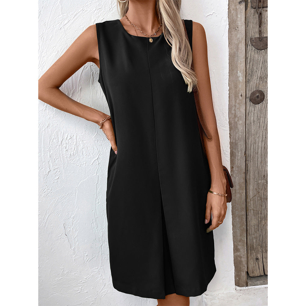 Women Clothing Office Dress Loose Sleeveless Round Neck Dress Women