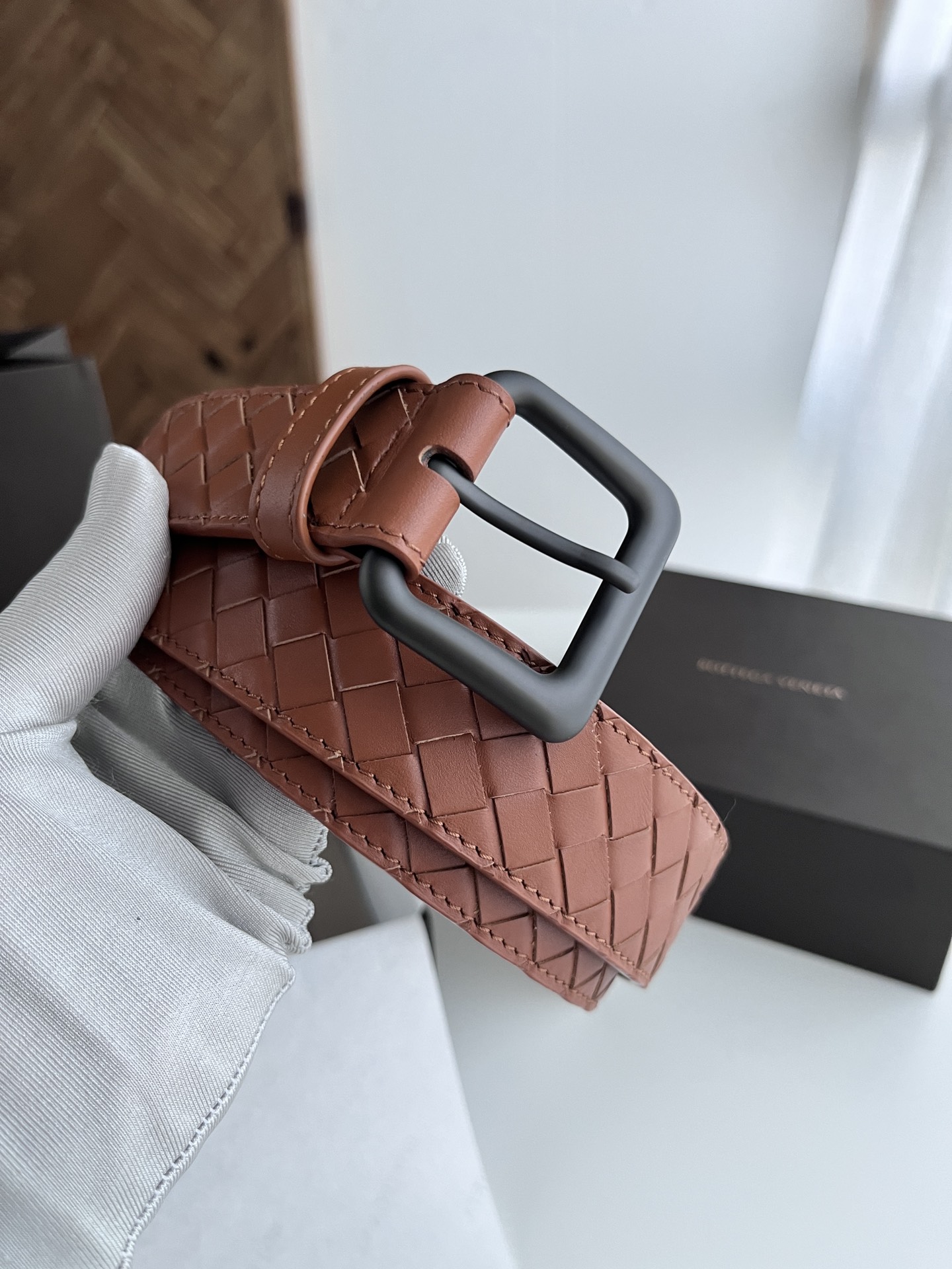 Bottega Veneta intreccio woven cowhide double-sided belt 3.5cm wide