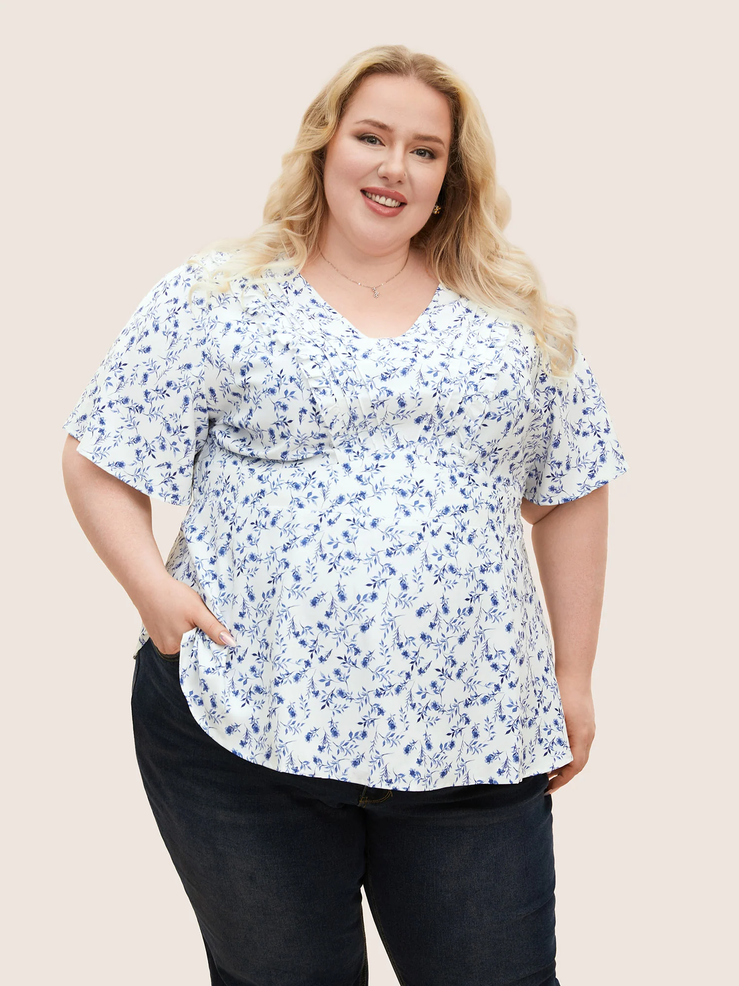 Floral Pleated Elastic Waist Ruffle Sleeve Blouse