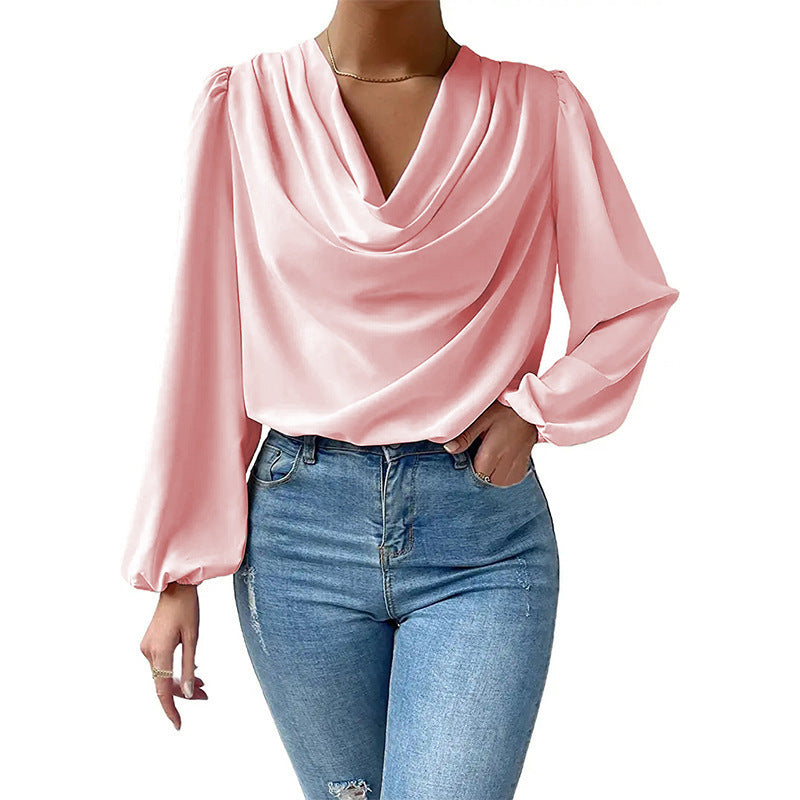 Summer Chiffon Draped V-neck Long-Sleeved Shirt, Loose Fit Top