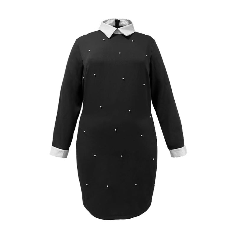 Elegant Lapel Long Sleeve Beaded Dress with Contrast Color Stitching