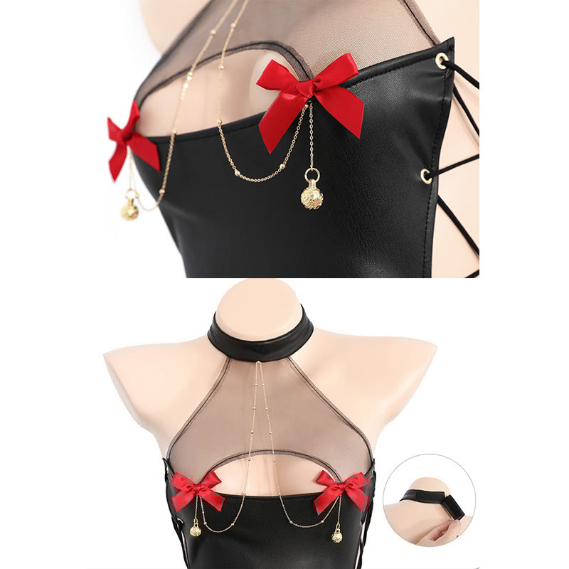 See-through Lace-up Bow Chain Lingerie Dress