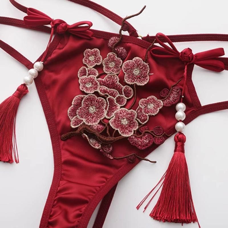 Han Costume Vintage Flower Embroidery Tassel Split Sexy Lingerie Set