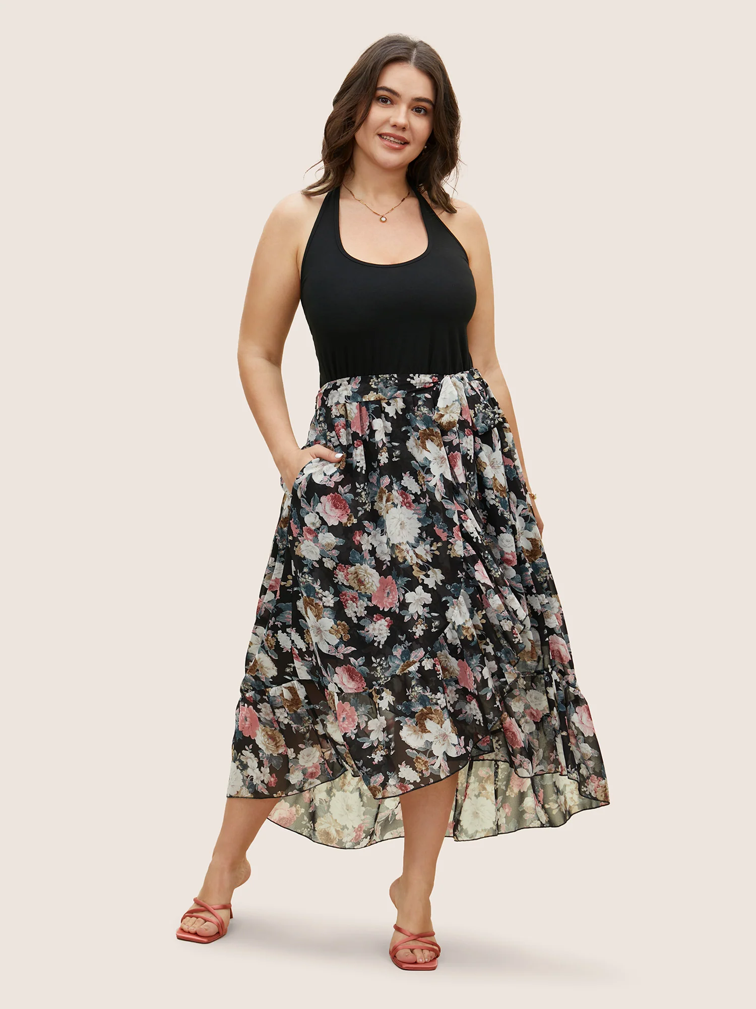 Halter Neck Patchwork Floral Belted Dress