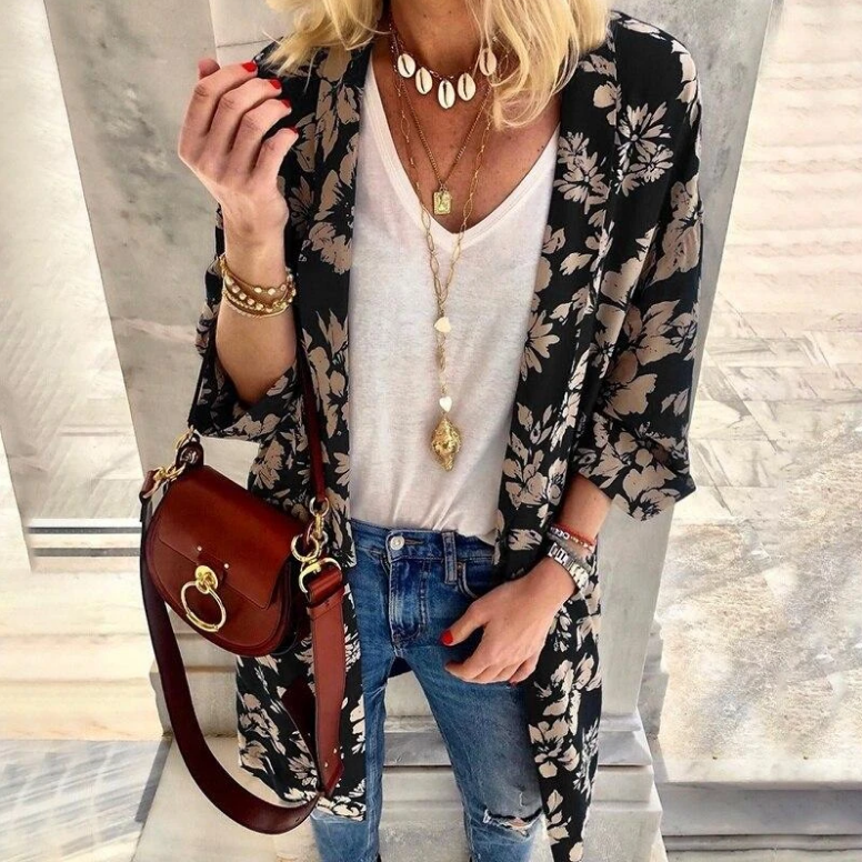 Printed Cardigan Coat-Style Top