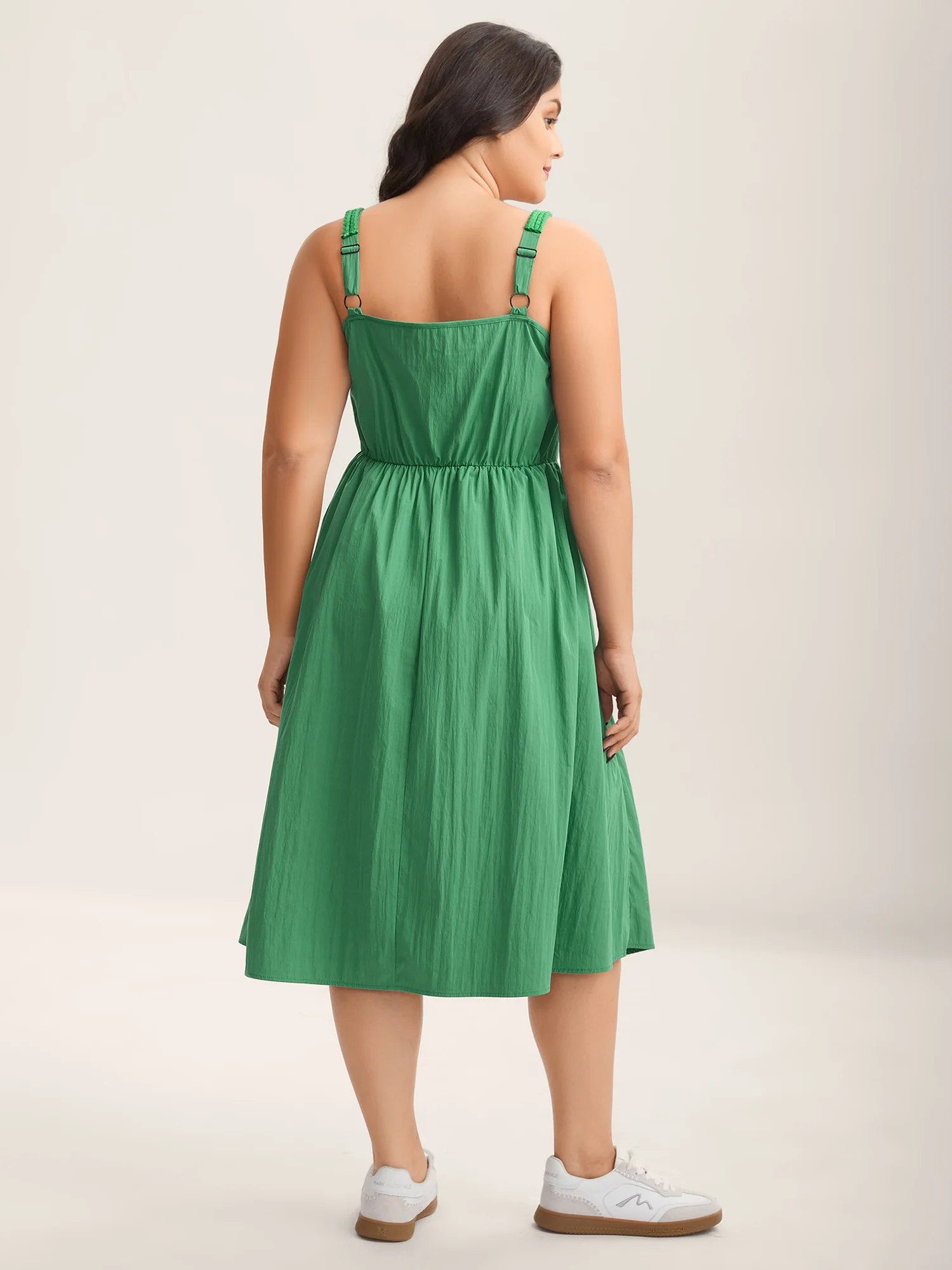 Solid Adjustable Straps Pockets Midi Dress