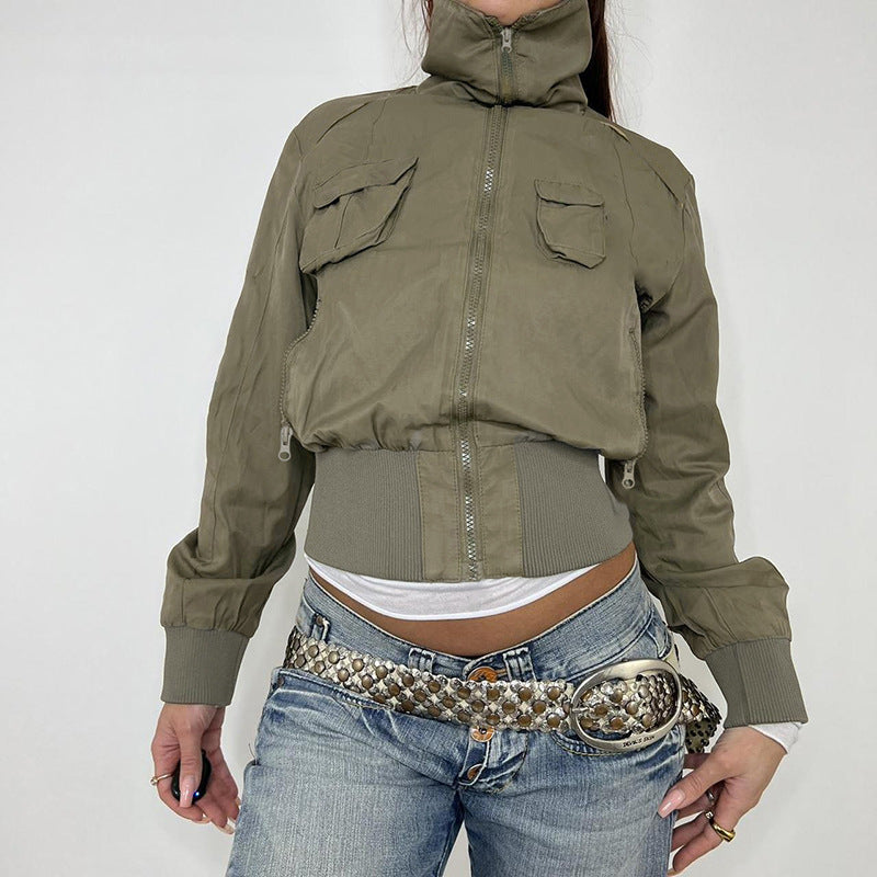 Woman's Heavy-Duty Fashion Jacket with Stand Collar and Zipper Pockets