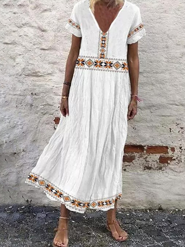 Pullover V-Neck Short Sleeve Printed Dress