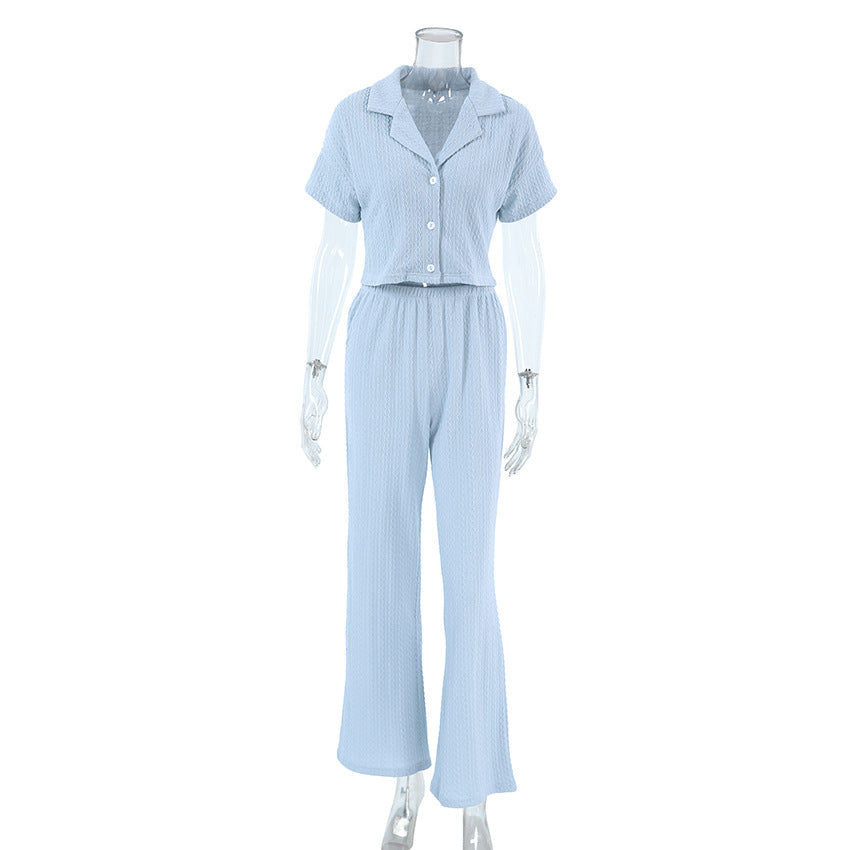 Spring Summer Pajamas Suit Fashionable Knitted Short Sleeved Trousers Hollow Out Cutout Home Wear Women Comfortable